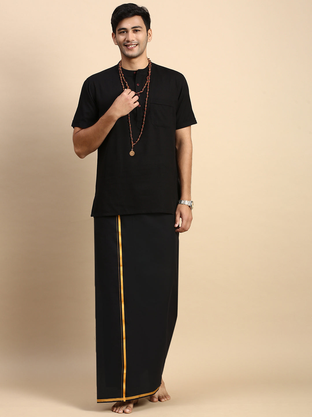 Men Devotional Big Border Dhoti & Kurta Set Black PB17