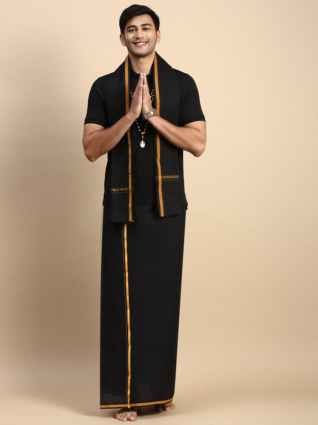 Men Devotional Big Border Dhoti with Towel & TShirt Set Black EPD14