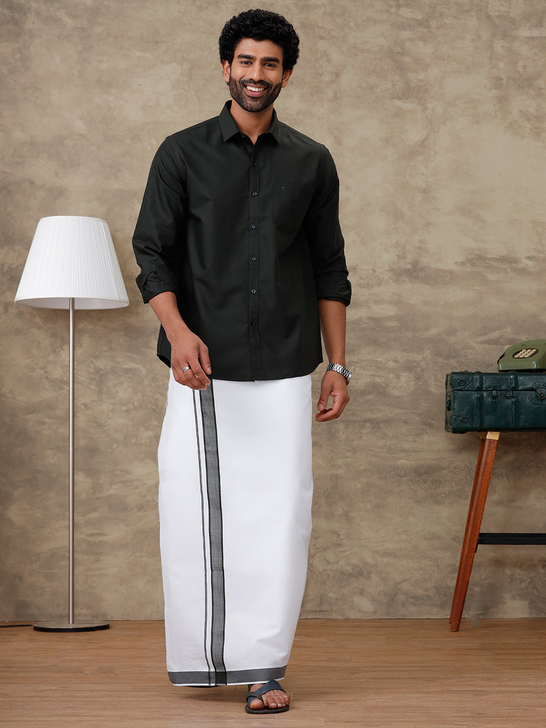 Men Green Waterlo Shirt With Matching Border Dhoti Set Trendy