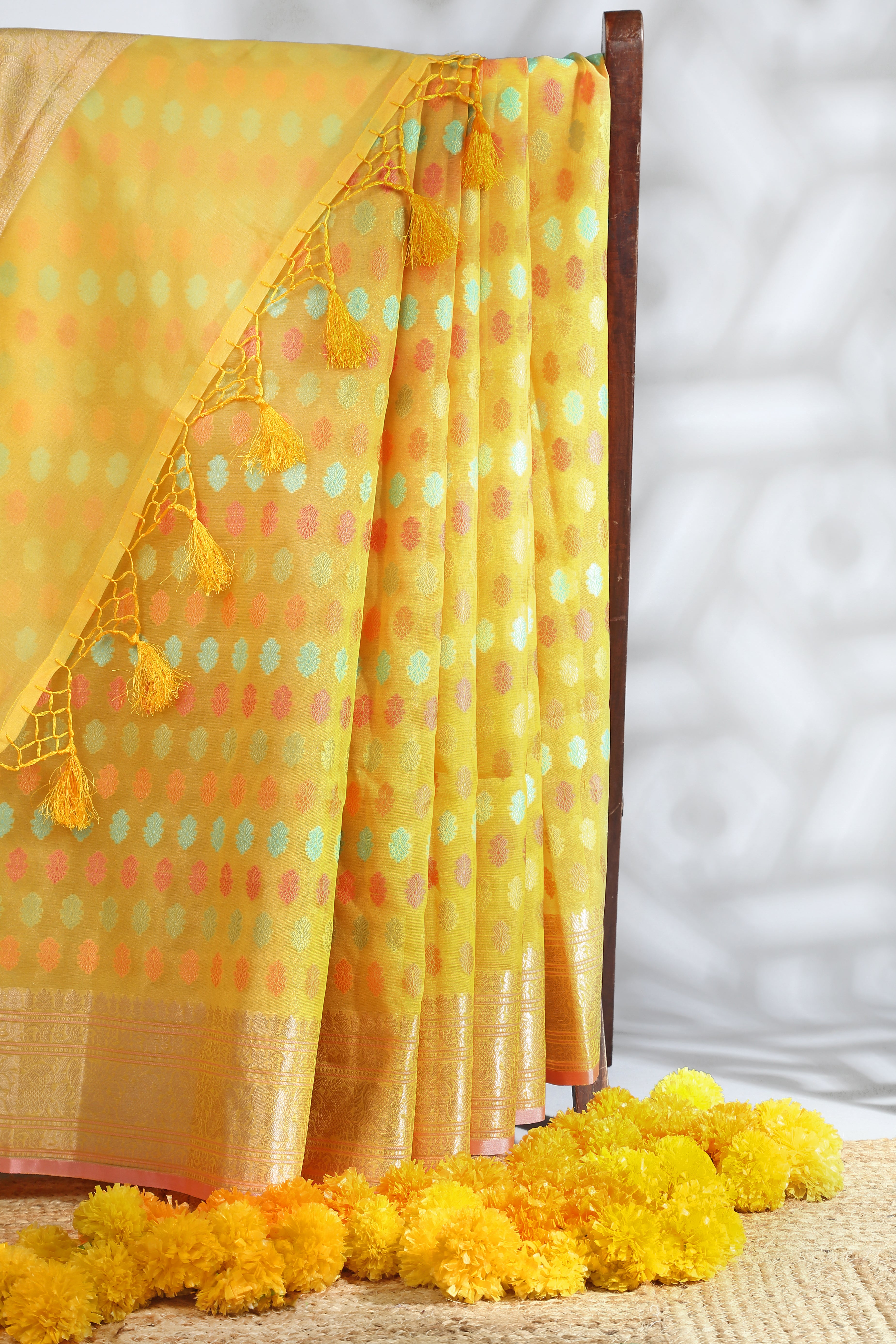 Women Semi Orgenza Weaving Saree Yellow -SOS08