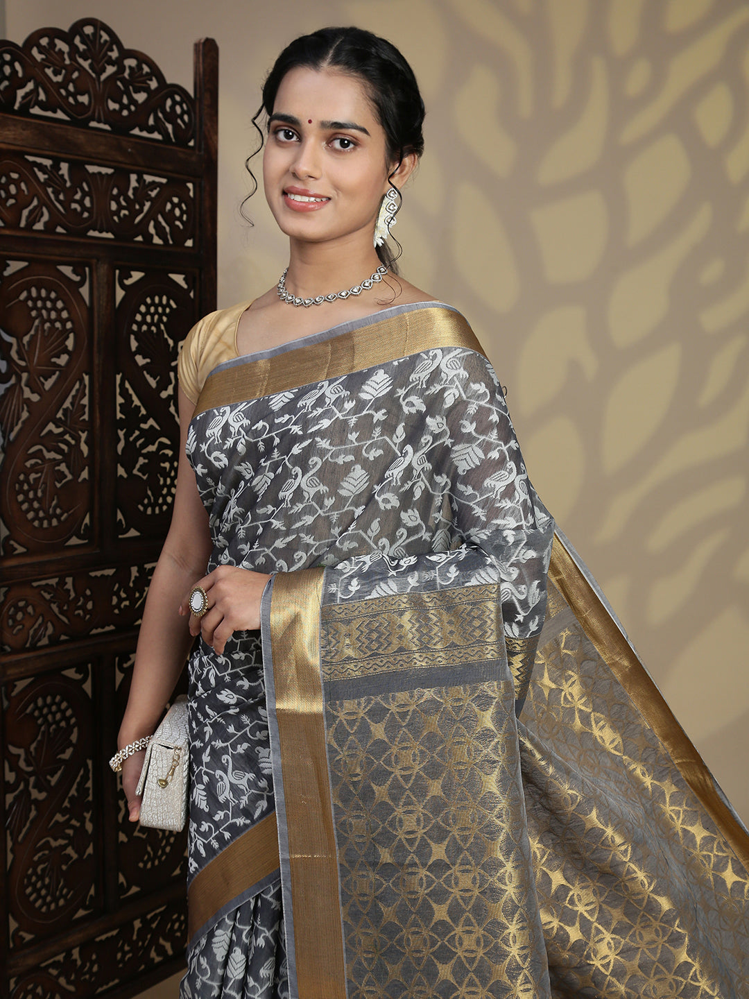 Women Grey Semi Kora Cotton Saree SK96
