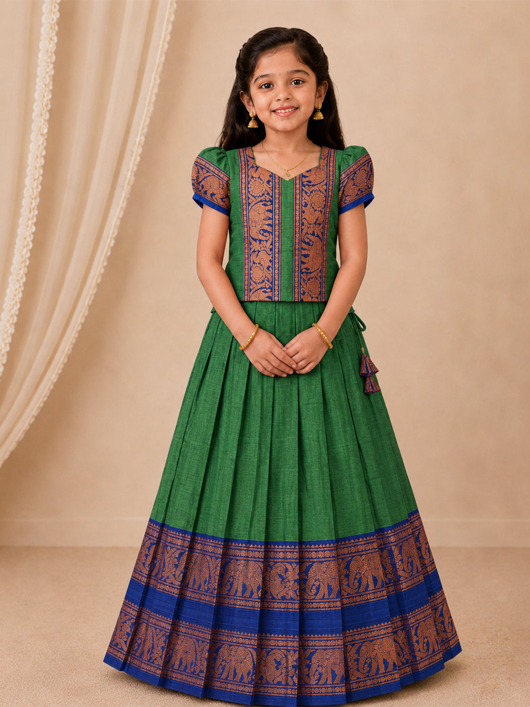 Girls Cotton Green Pattu Pavadai Set GPS45
