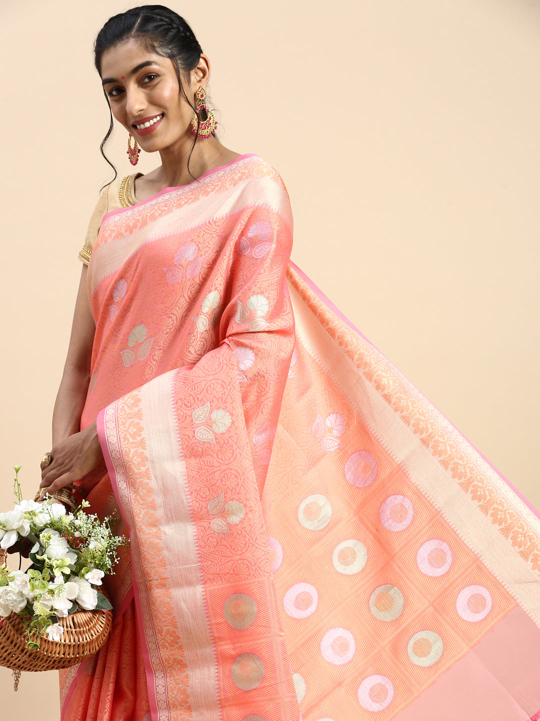 Semi Kora Cotton Allover Design Saree Light Orange & Pink with Zari Border SKCW03-Side view