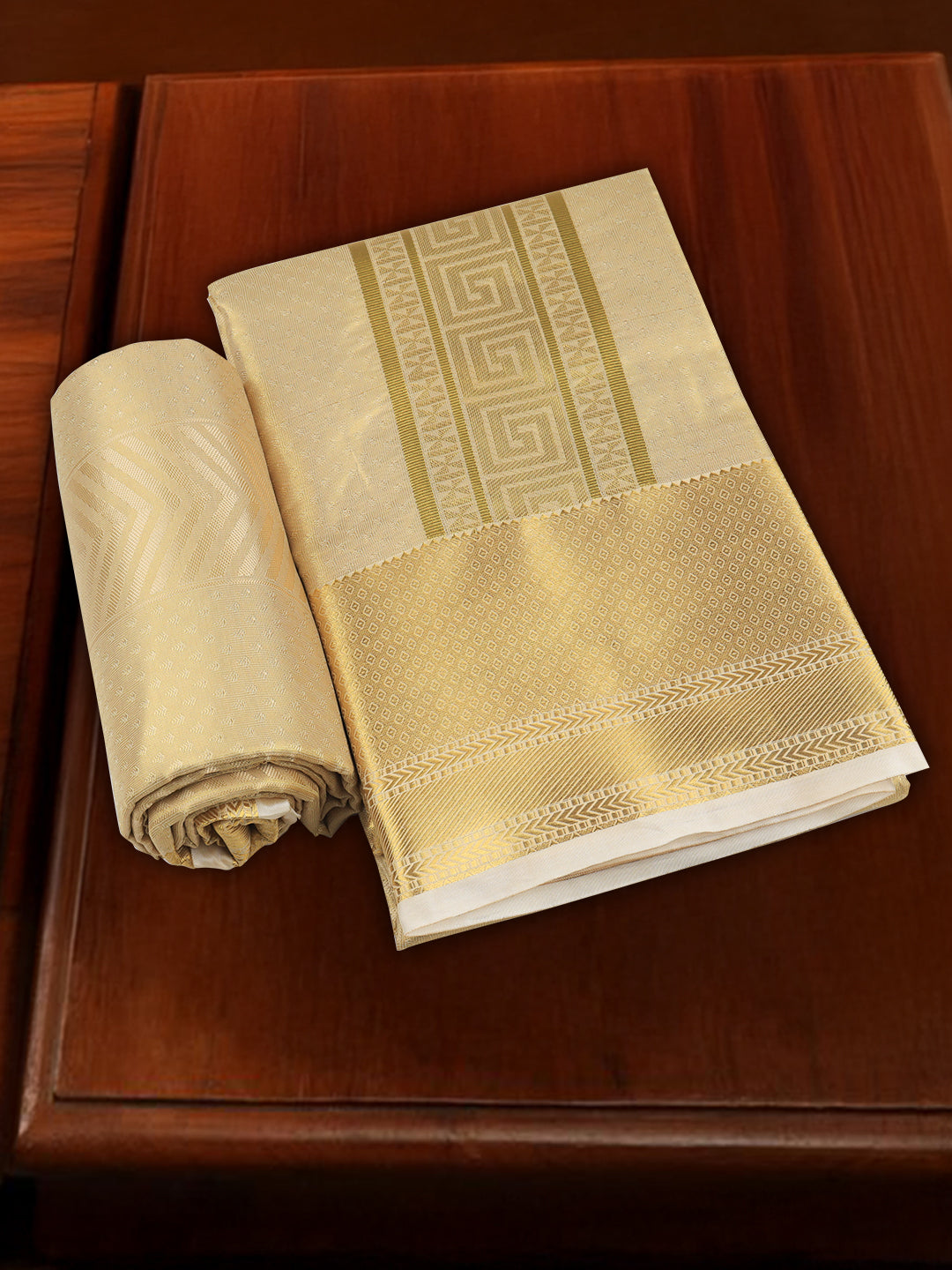 Men Art Silk Wedding Set Dhoti Shirting & Towel Set Gold Brahmotsavam B18(3*1)