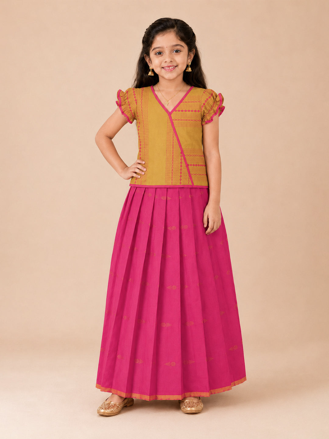 Girls Cotton Mustard Pattu Pavadai Set GPS47