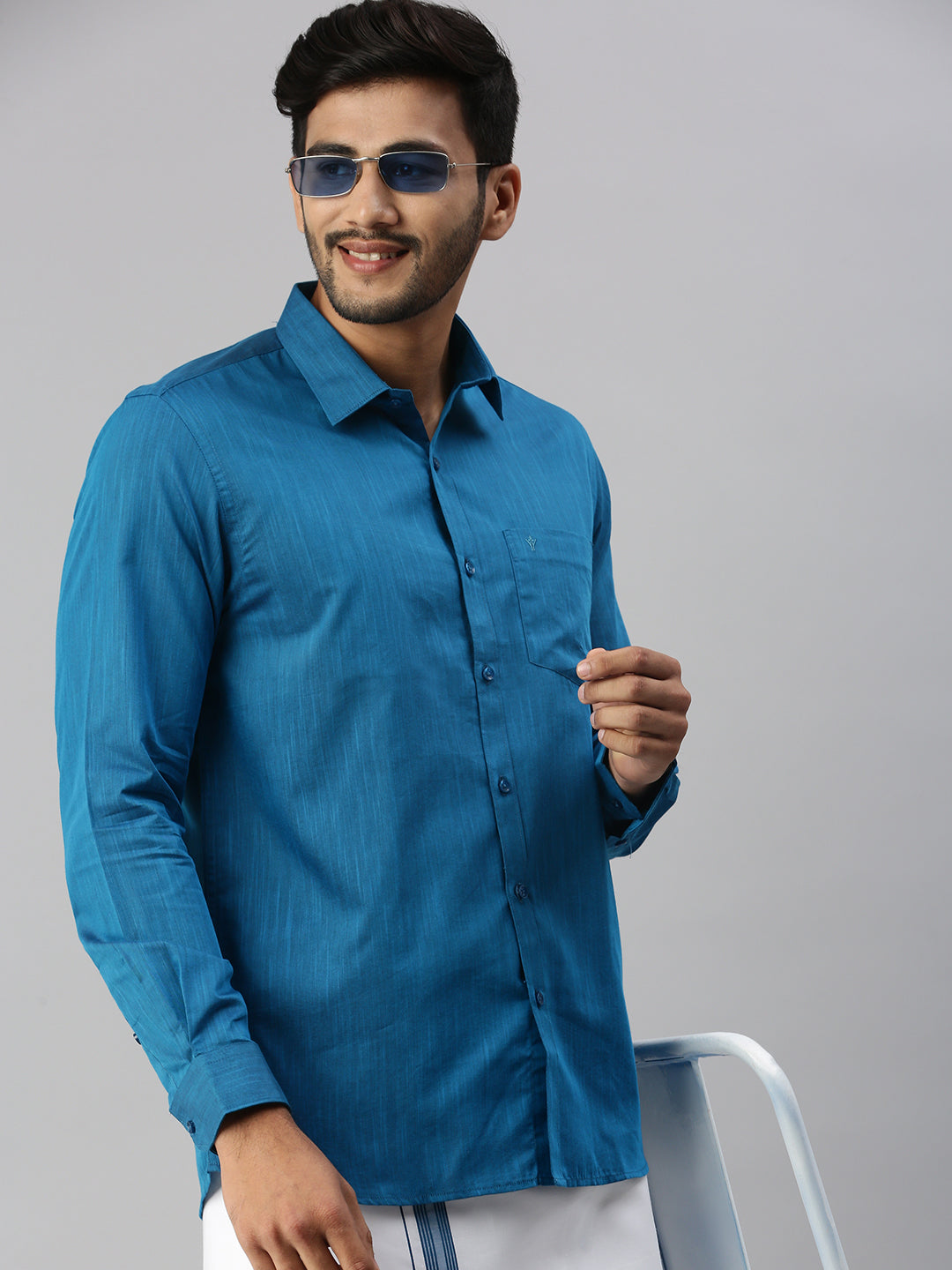 Mens Blue Matching Border Dhoti & Full Sleeves Shirt Set Evolution IC4-Close view