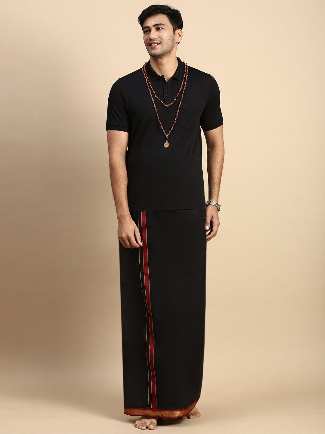 Men Devotional Mayilkhan Border Dhoti & TShirt Set Black EPD14