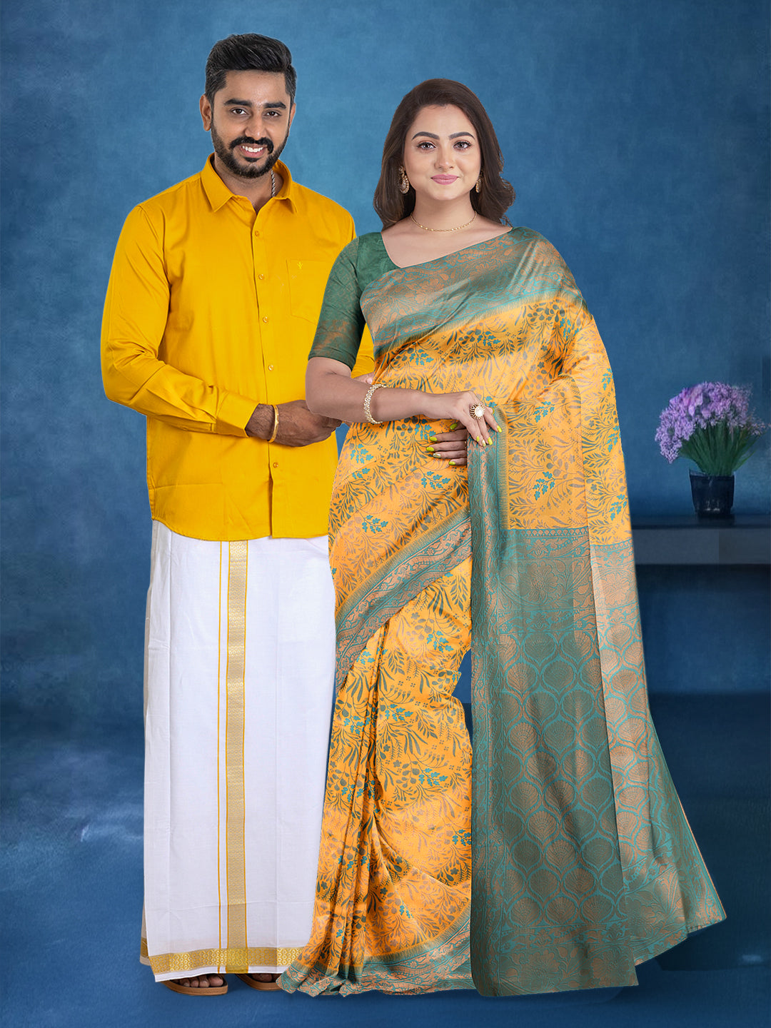 Couple Combo Shirt & Dhoti Set with Saree Yellow ASS69