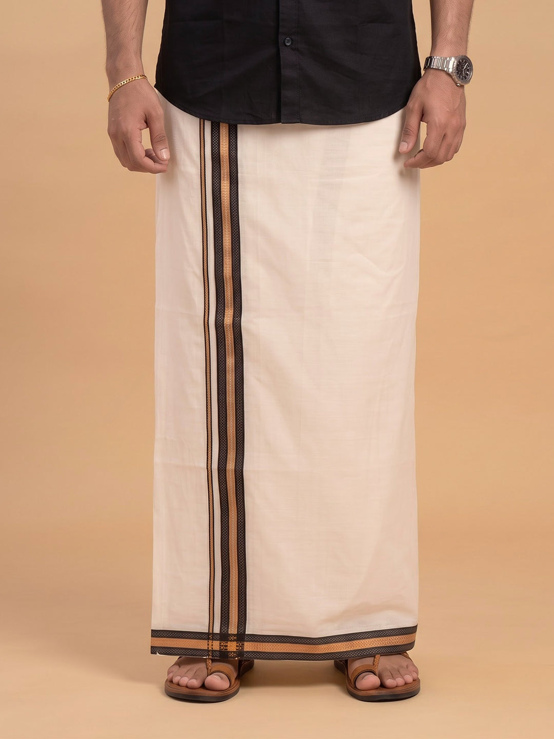 Double Layer 100% Cotton Cream Kora Dhoti with Colour Jari Border - RKF02