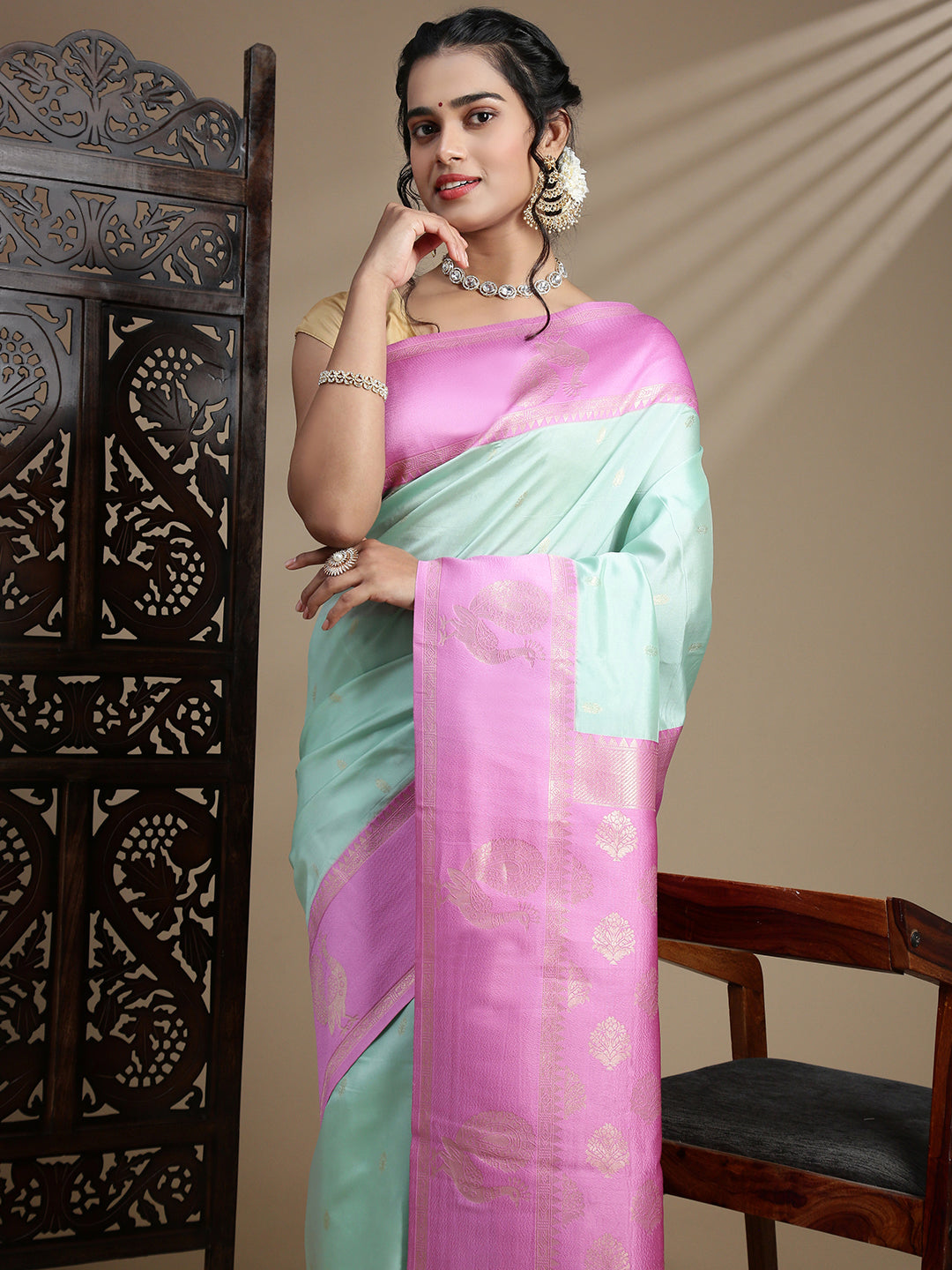 Couple Combo Shirt & Dhoti Set with Saree Mint Green SS391
