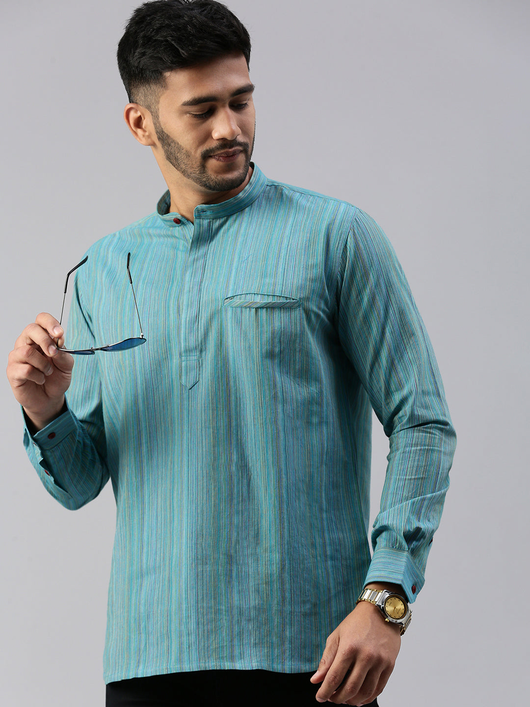 Buy Men's Cotton Solid Full Sleeve Short Kurti (Green, L)-PID44473 at  Amazon.in