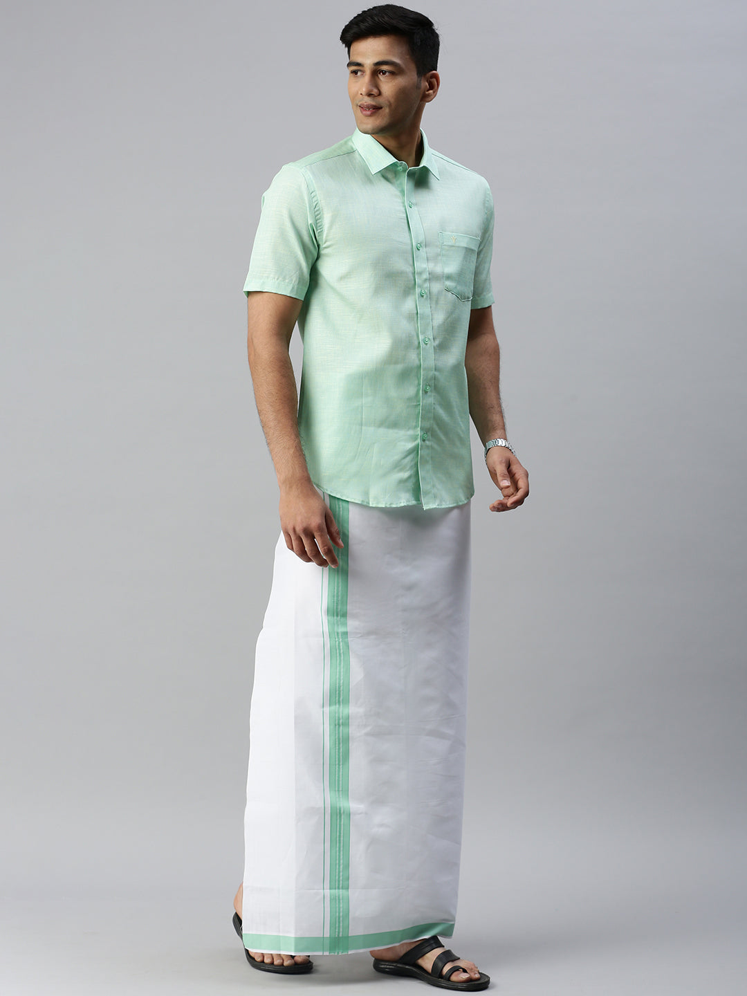 Mens Matching Border Dhoti & Shirt Set Half Light Pista Green C83-Full view
