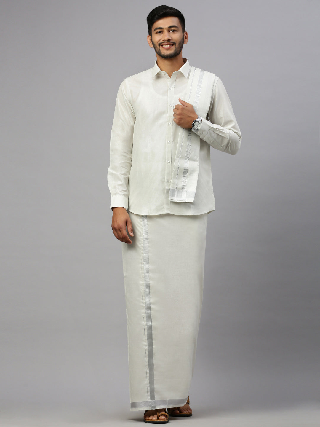 Men Tissue Silver Full Sleeve Shirt Jari Dhoti & Towel Set
