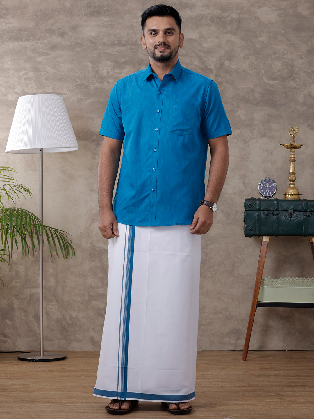 Men Blue Matching Border Dhoti & Half Sleeves Shirt Set Evolution IC4