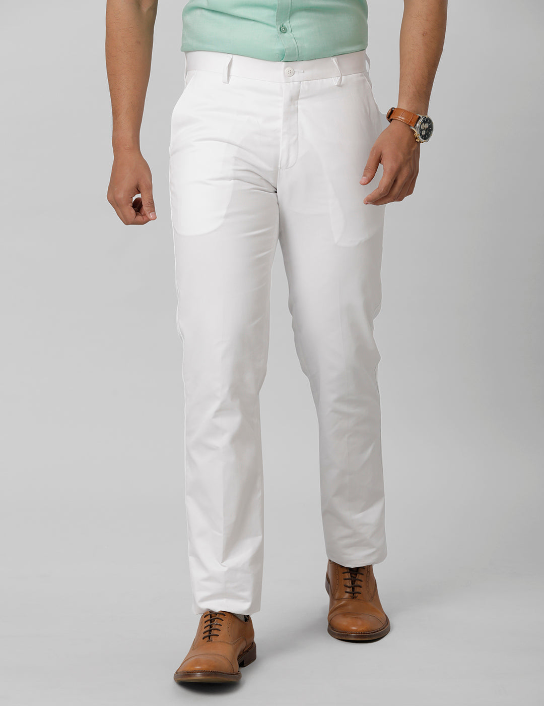 Mens Regular Fit Cotton White Pants Smart Care