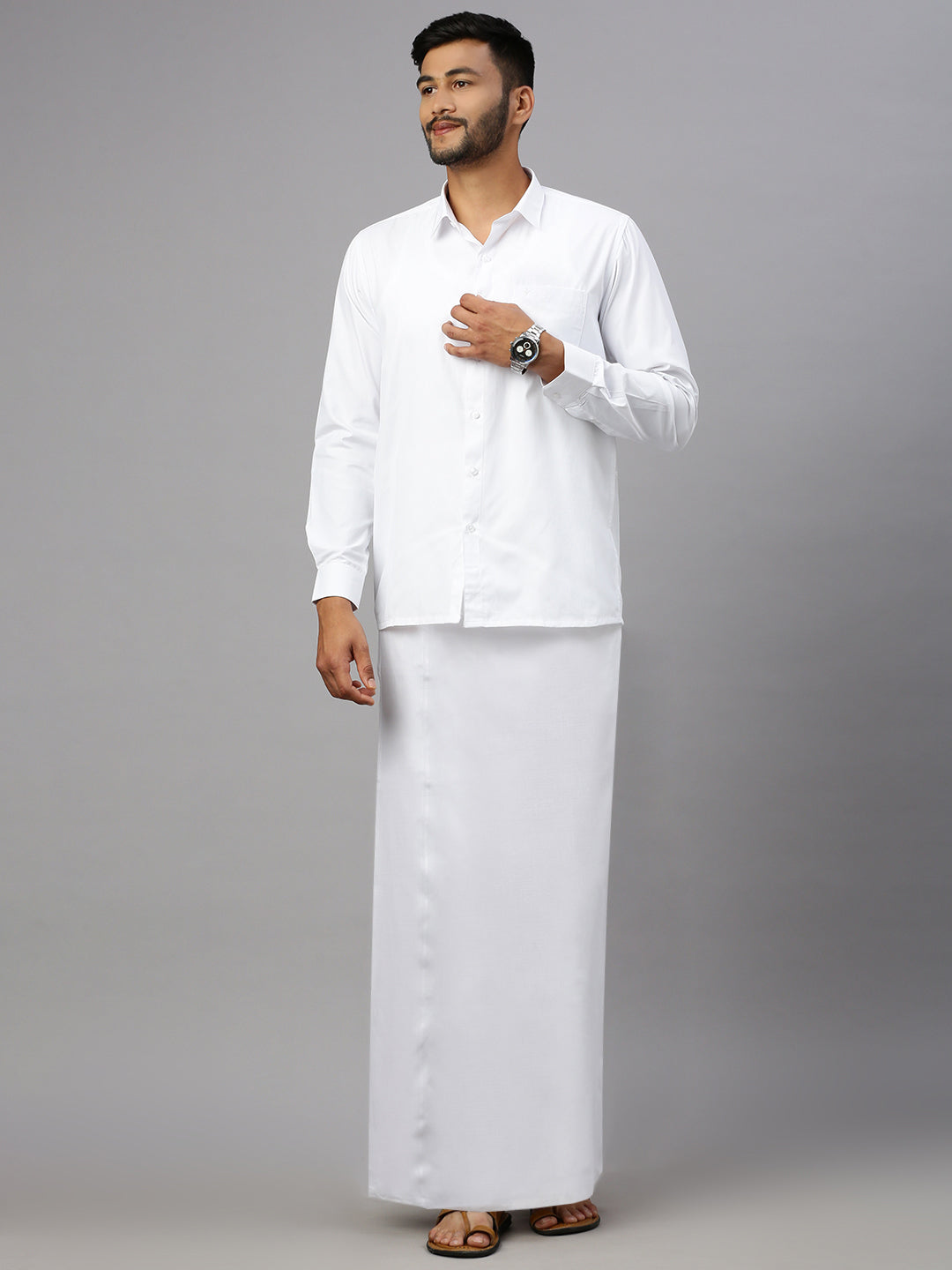 Men Formal White Shirt with Paramas Dhoti Combo