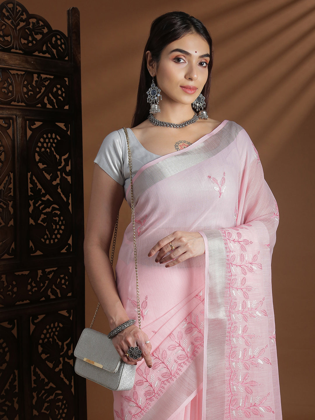Women Pink Semi Linen Embroidered Saree SL248