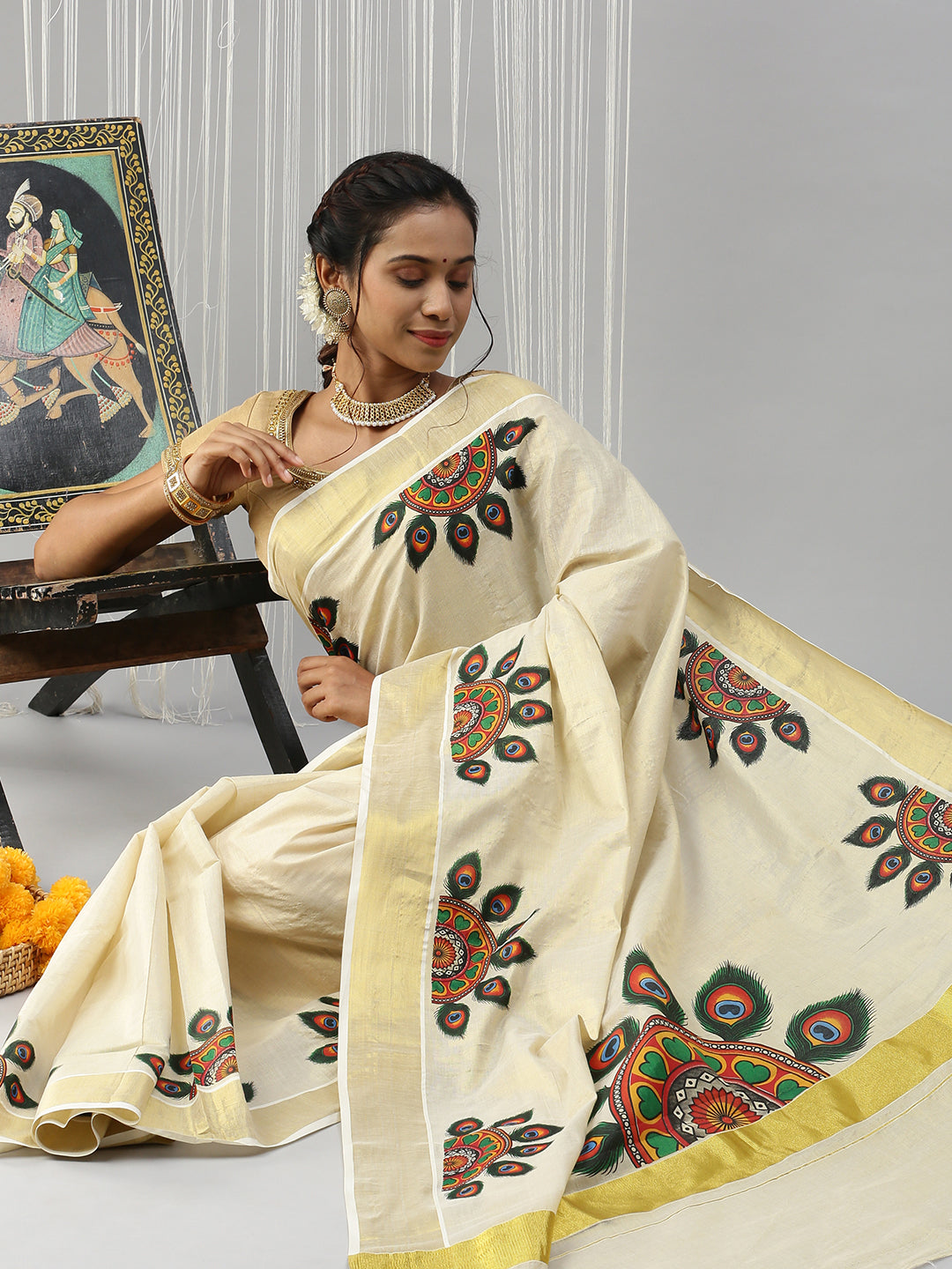 Womens Kerala Tissue Krishna with Flute Printed Gold Jari Border Saree