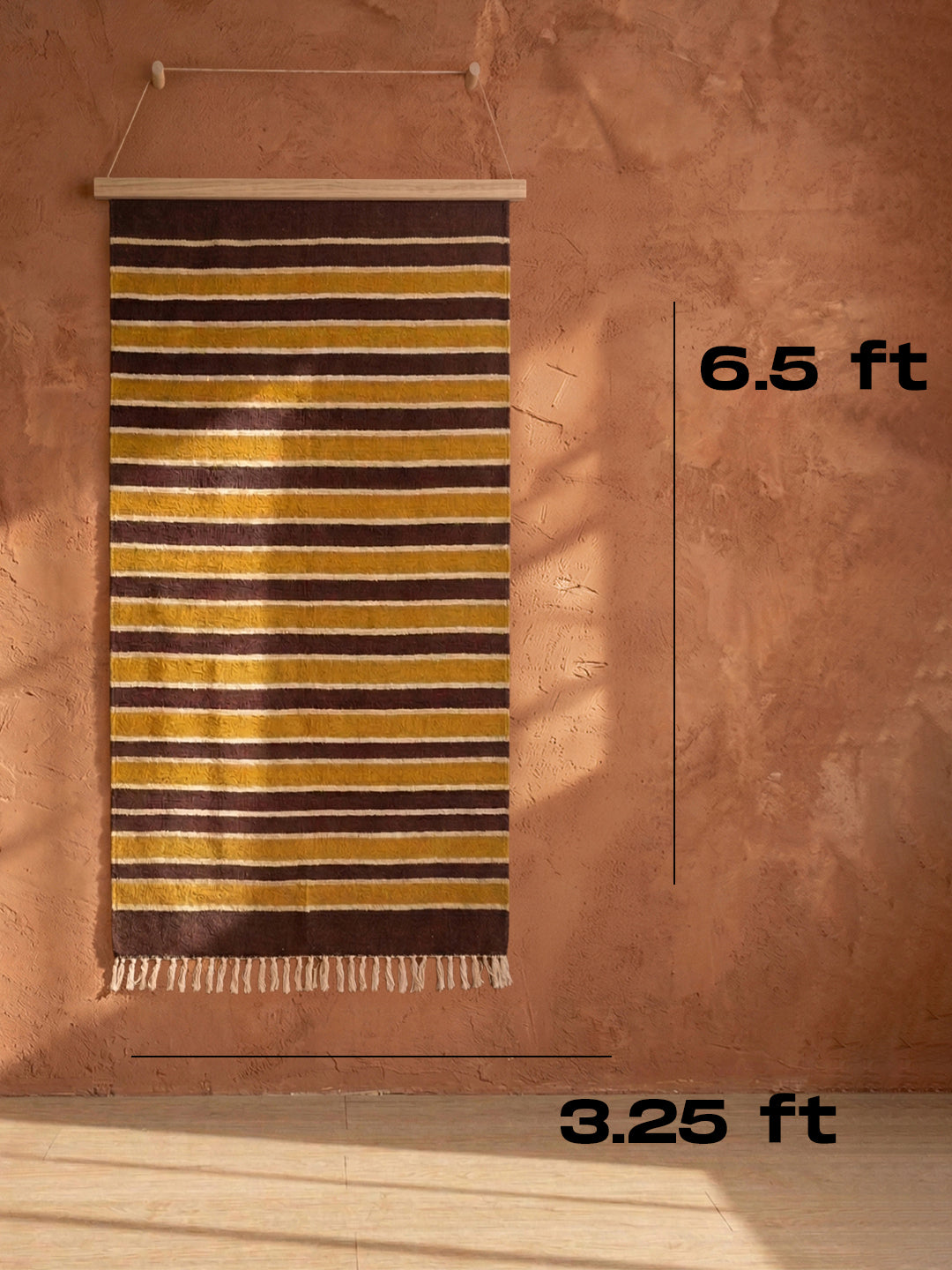 Bhavani Jamakkalam / Handwoven Cotton Carpet Maroon Base with White & Yellow Stripes (3.25 ft × 6.5 ft)