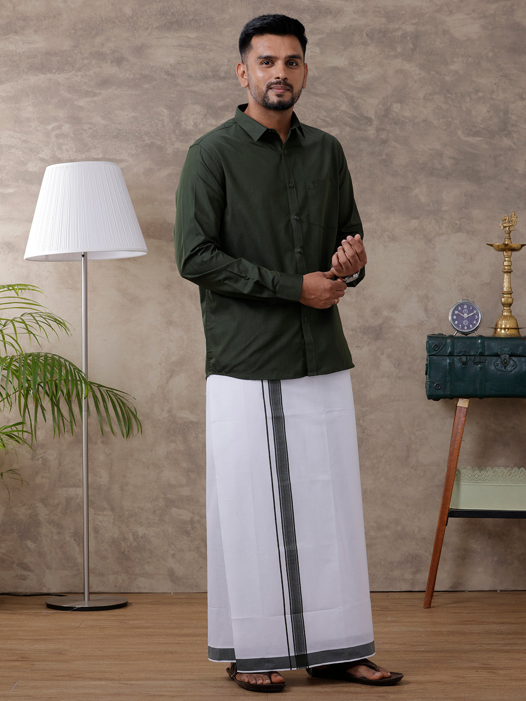 Mens Green Matching Border Dhoti & Full Sleeves Shirt Set Evolution IC8