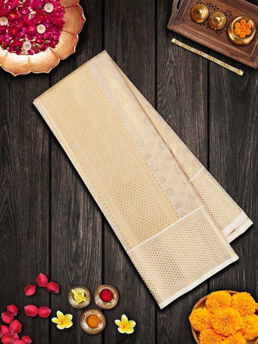 Mens Pure Silk Gold Colour Tissue Shirting with 5" Gold Jari Dhoti & Angavasthram Set Rajadharbar-View two