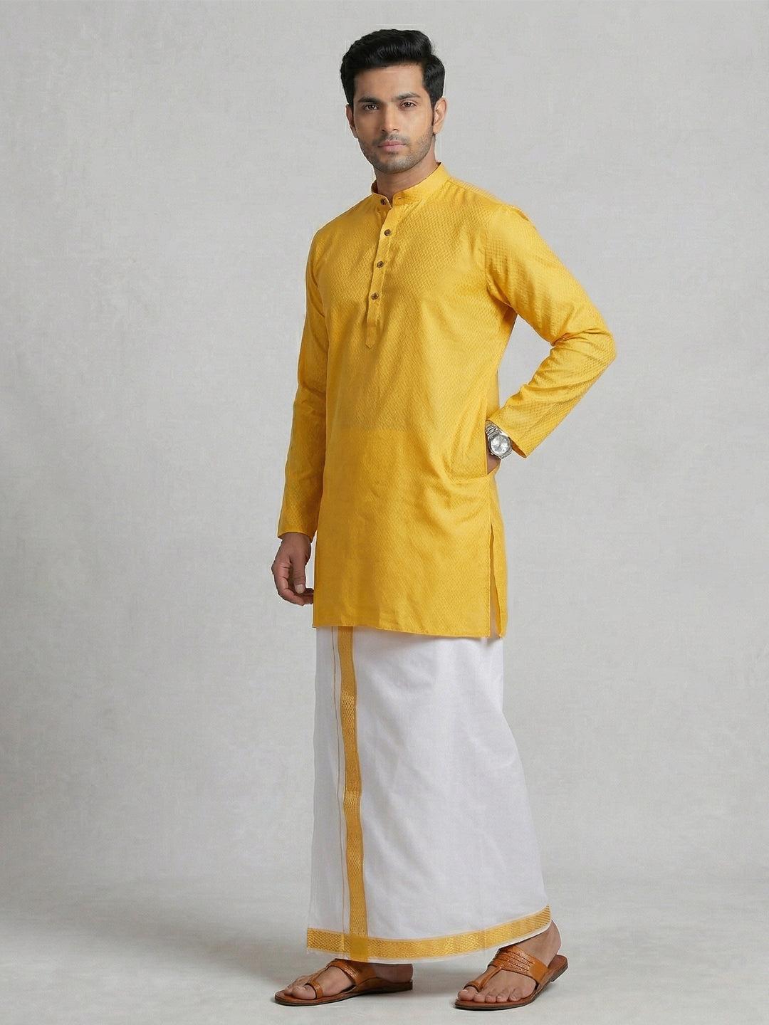 Men Yellow Medium Length Kurta with Matching Border Dhoti Set MHJ9