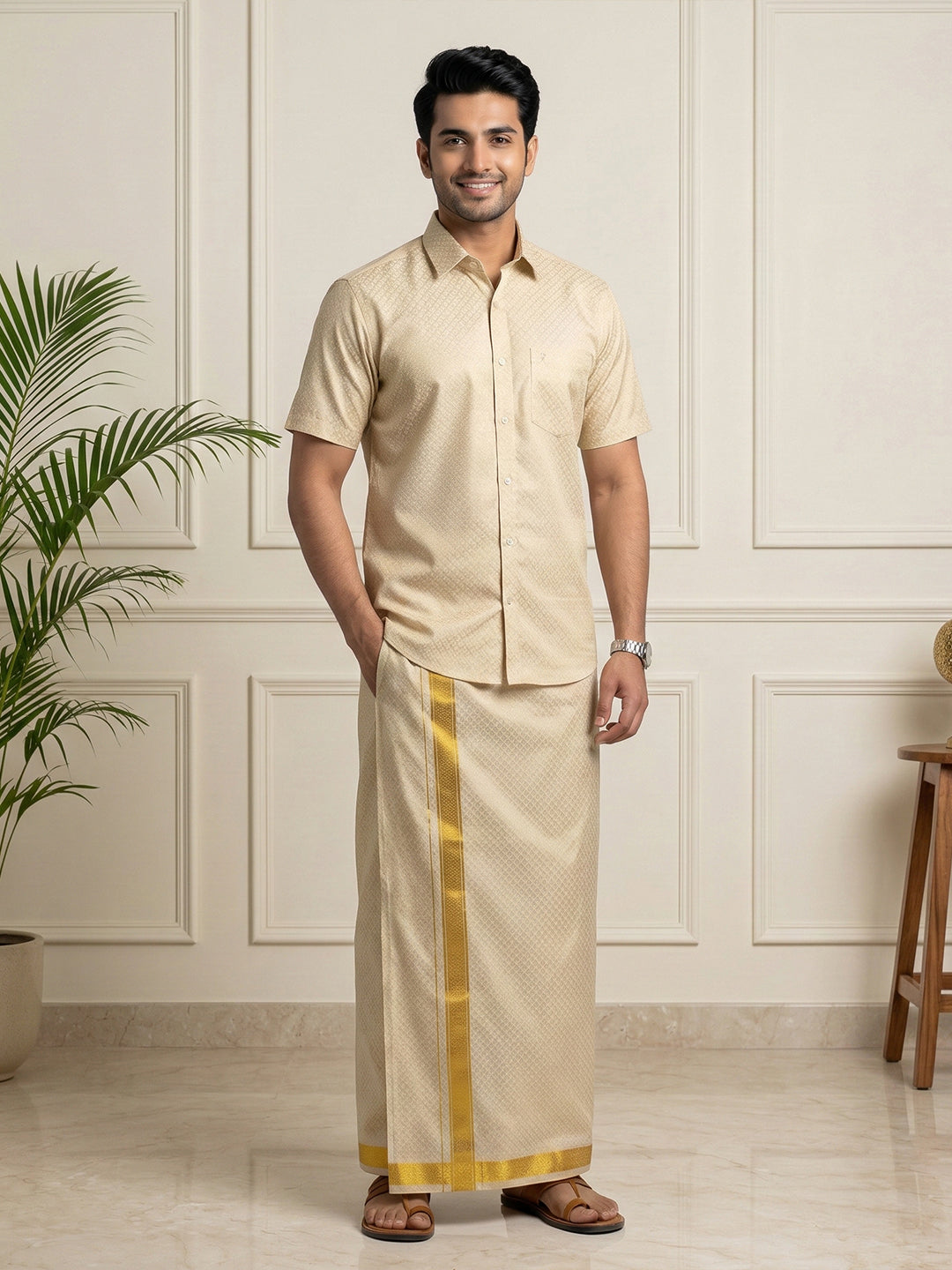 Couple Combo Gold Shirt & Dhoti Set with Saree KLS52