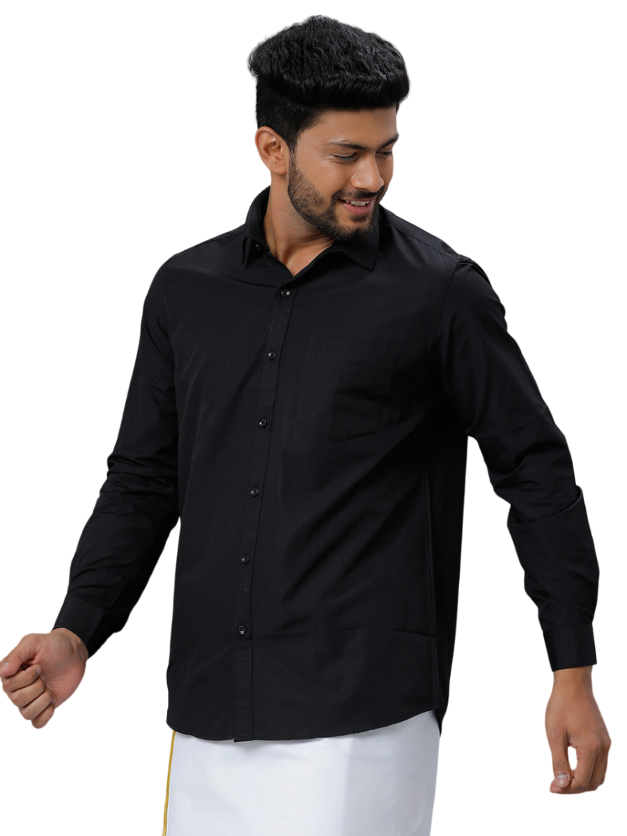 Mens Cotton Blend Formal Full Sleeves Black Shirt-Front view