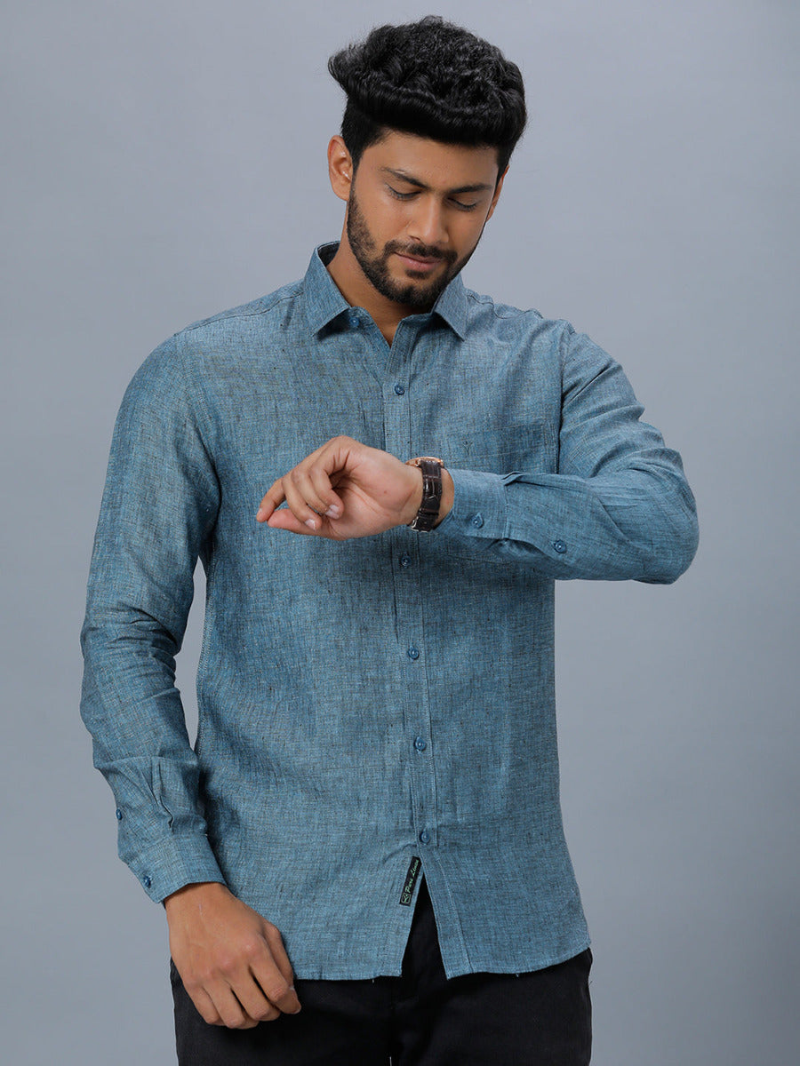 Mens Pure Linen Shirt Blue