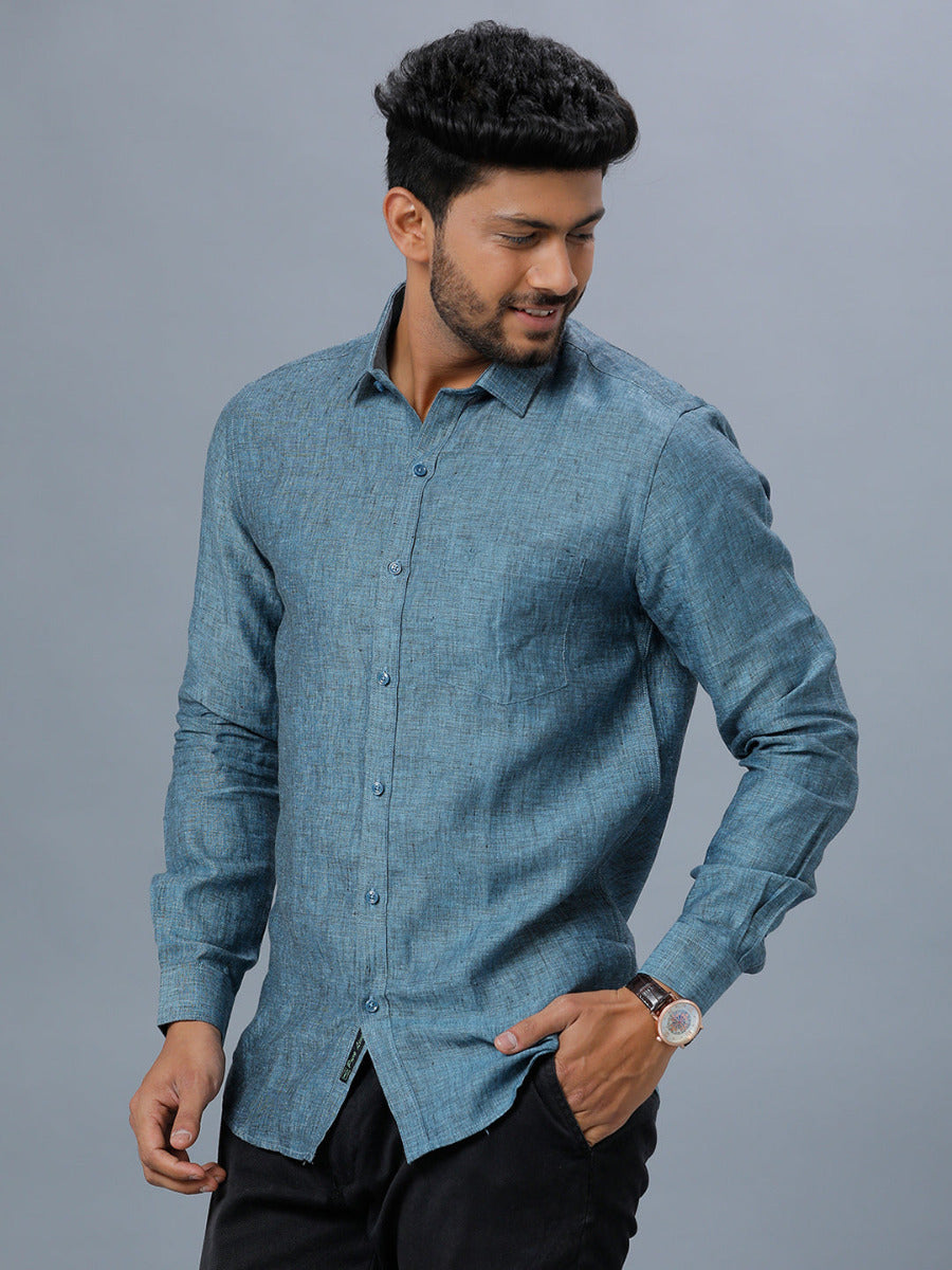 Mens Pure Linen Shirt Blue