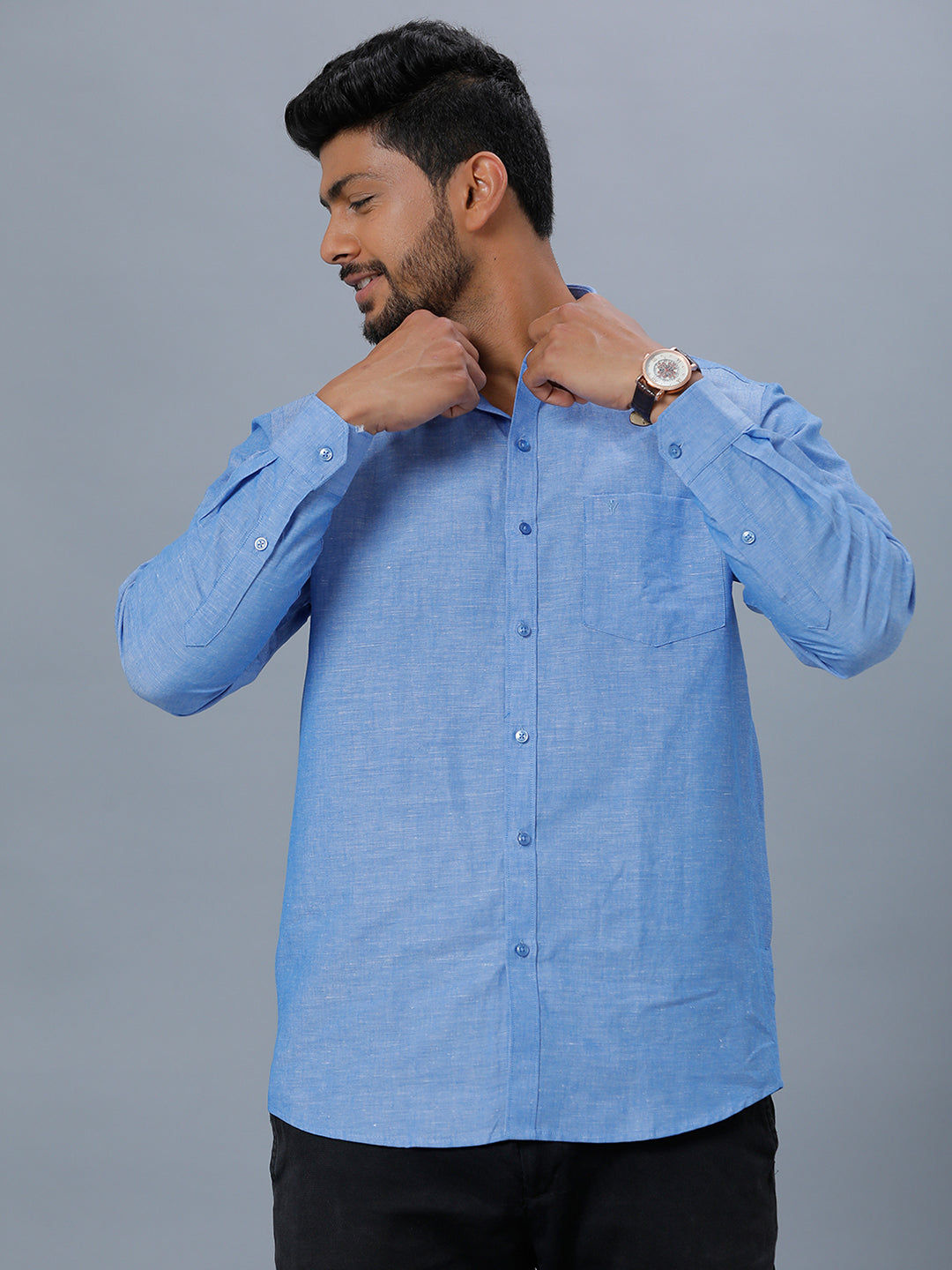 Linen Cotton Plain Colour Shirt Fabric Blue Unic Fashion