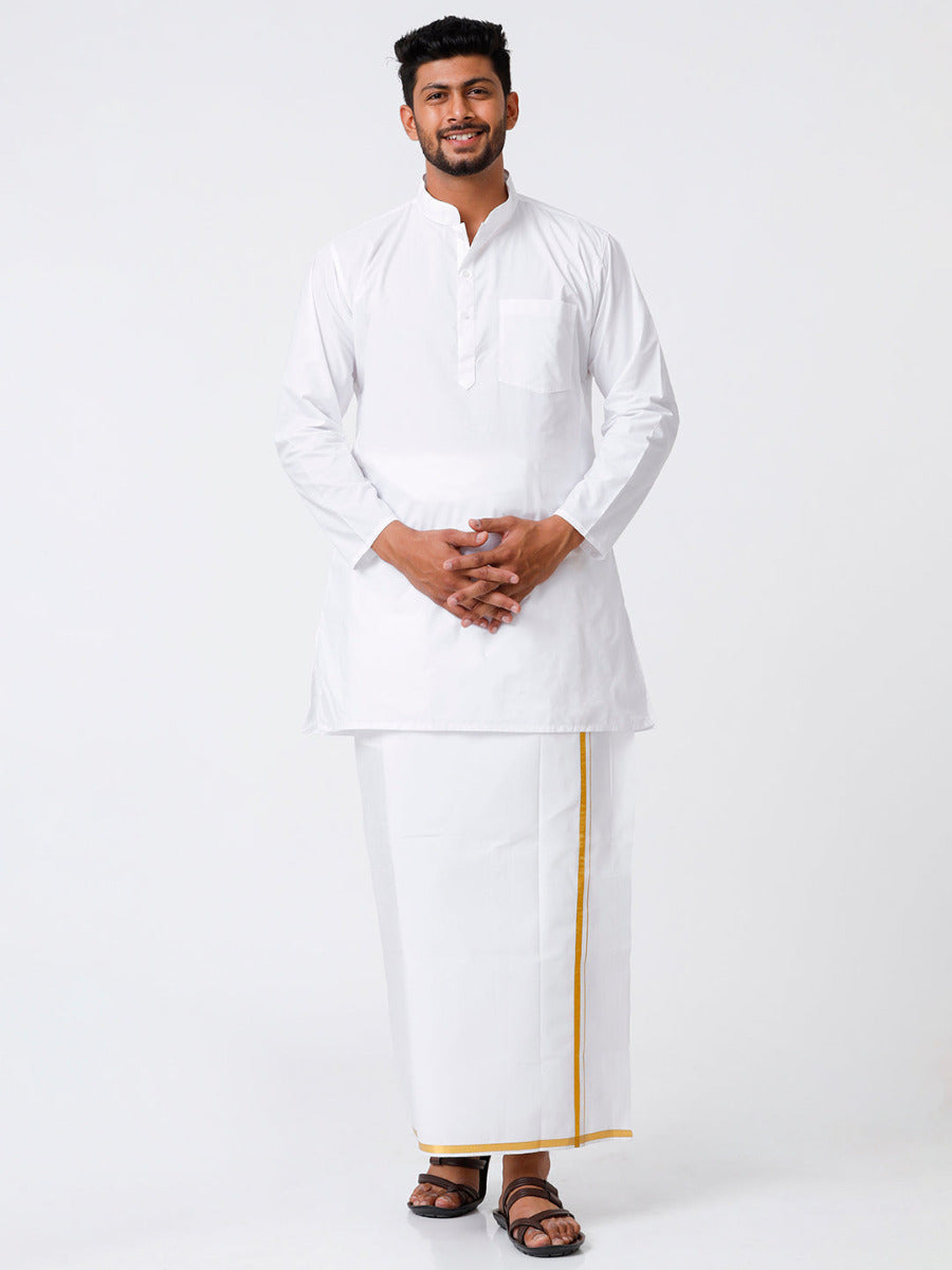Mens Cotton Full Sleeve White Medium Kurta Top with Gold Jari 1/2" Dhoti Combo