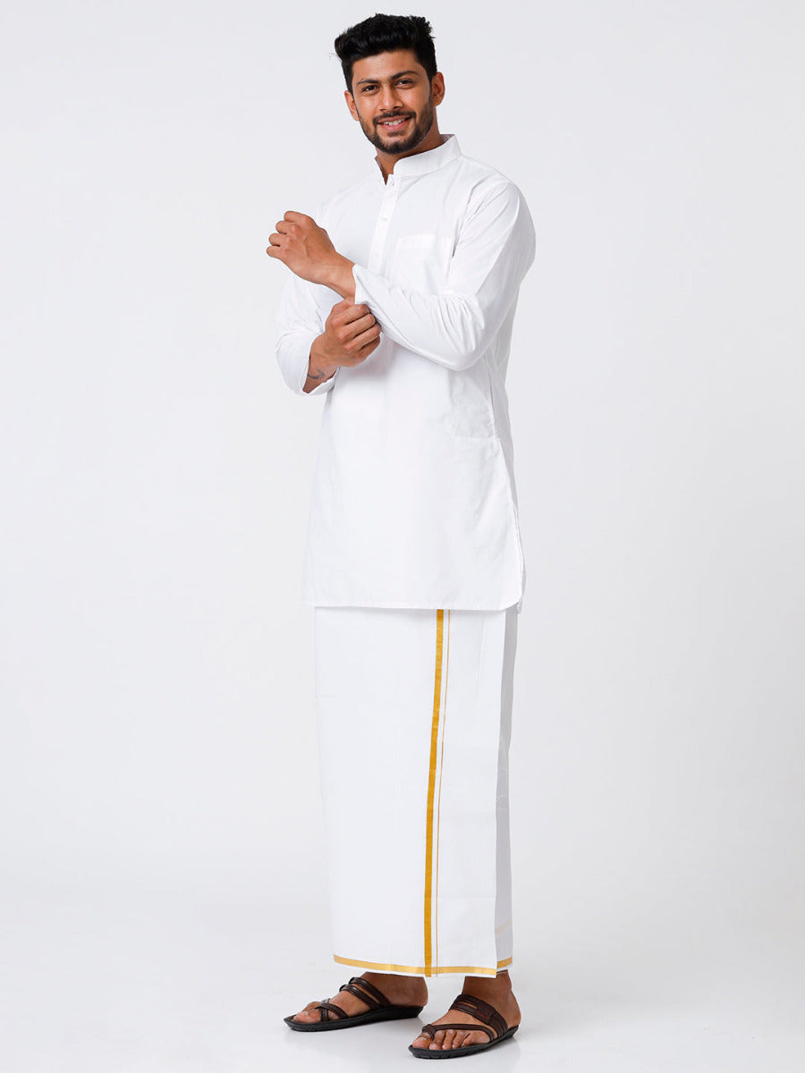 Mens Cotton Full Sleeve White Medium Kurta Top with Gold Jari 1/2" Dhoti Combo-Front view