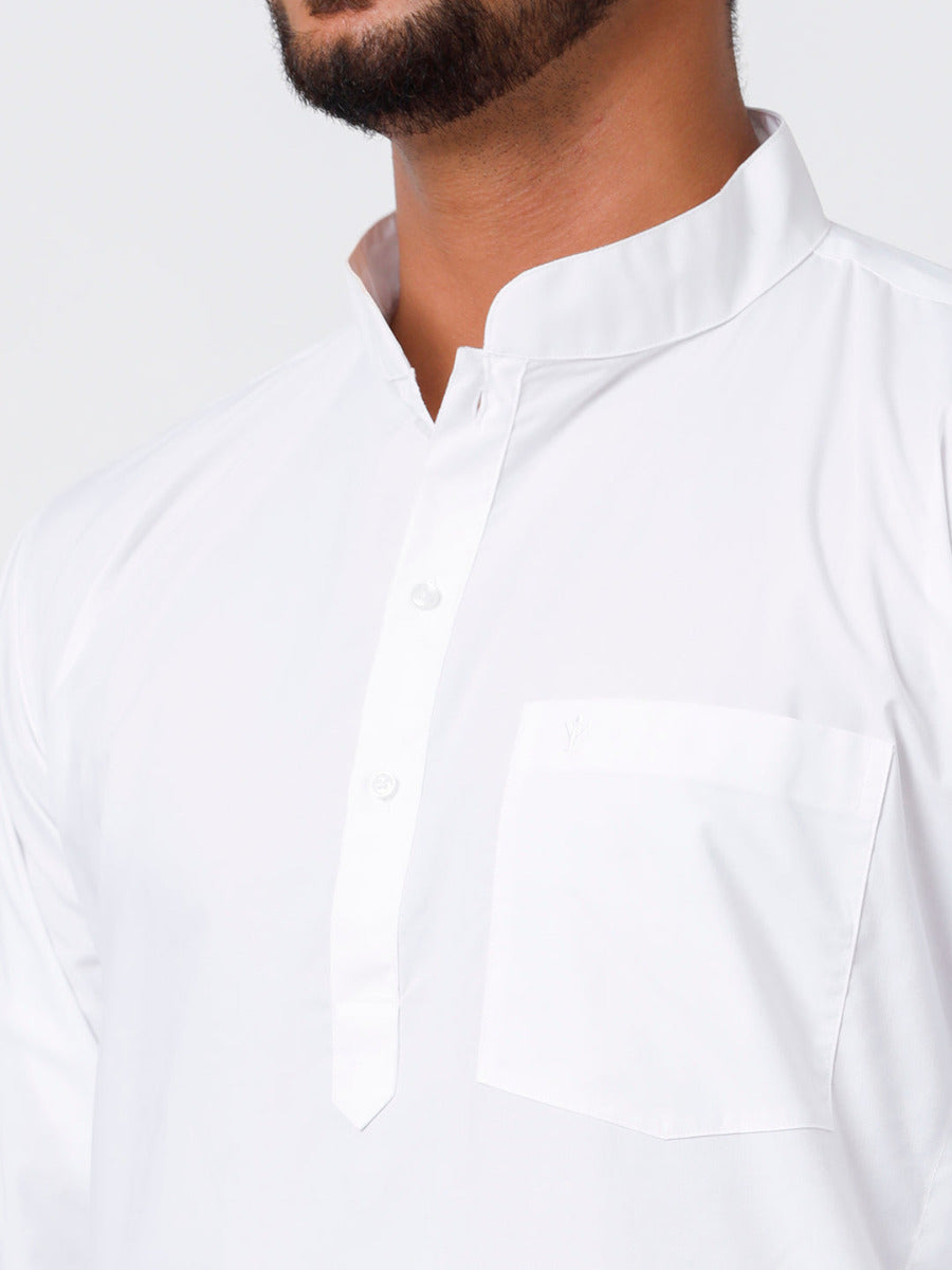 Mens Cotton Full Sleeve White Medium Kurta Top with Gold Jari 1/2" Dhoti Combo-Zoomview