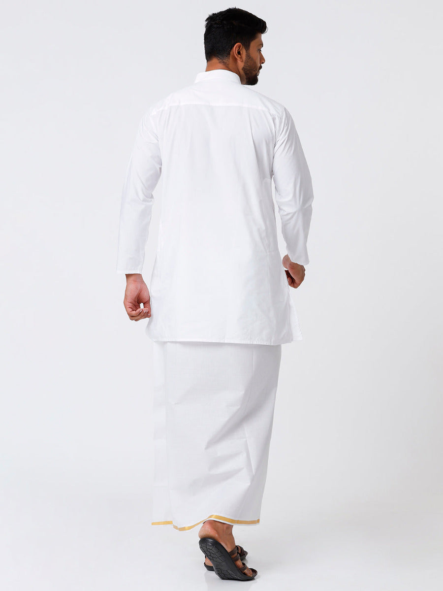 Mens Cotton Full Sleeve White Medium Kurta Top with Gold Jari 1/2" Dhoti Combo-Back view