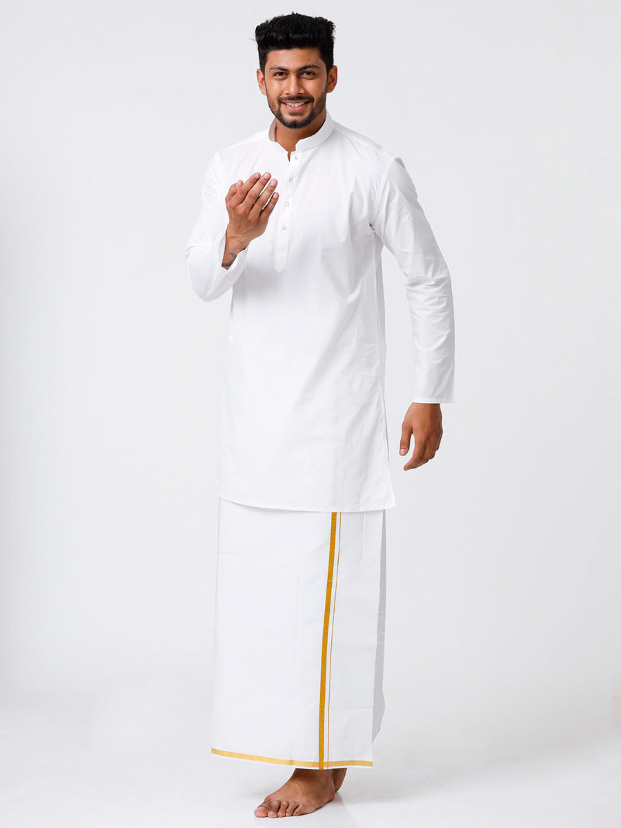 Mens Cotton Full Sleeve White Medium Kurta with 1/2" Gold Jari Dhoti Combo-Frontview