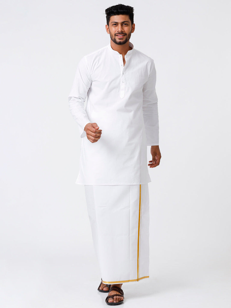 Mens Cotton Full Sleeve White Medium Kurta with 1/2" Gold Jari Dhoti Combo