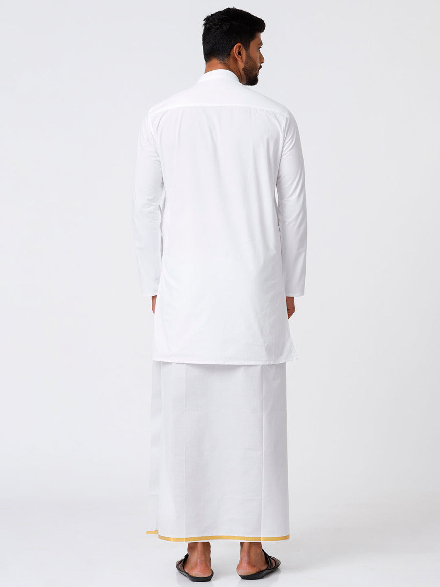 Mens Cotton Full Sleeve White Medium Kurta with 1/2" Gold Jari Dhoti Combo-Back view
