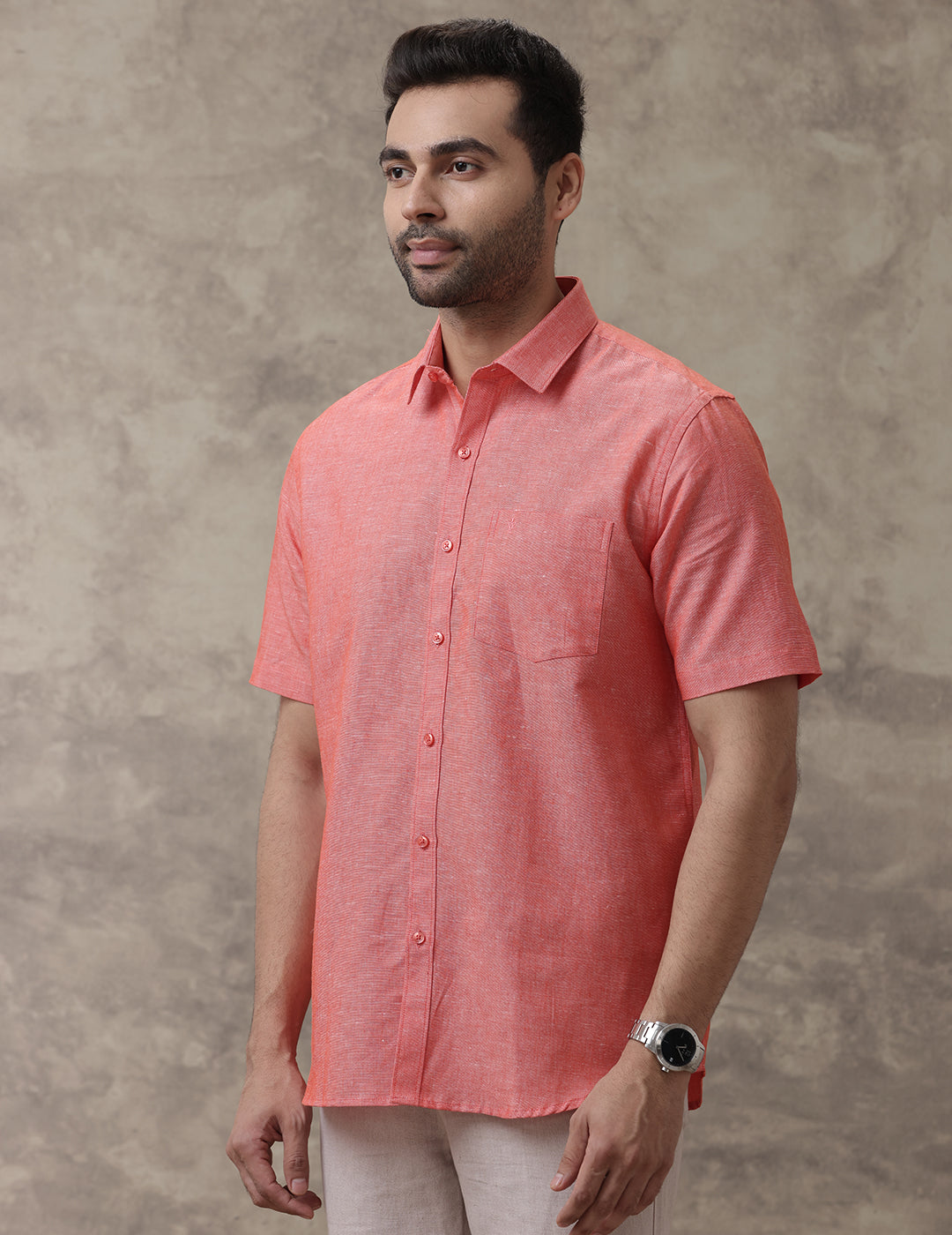 Men Linen Cotton Shirt Orange LF5