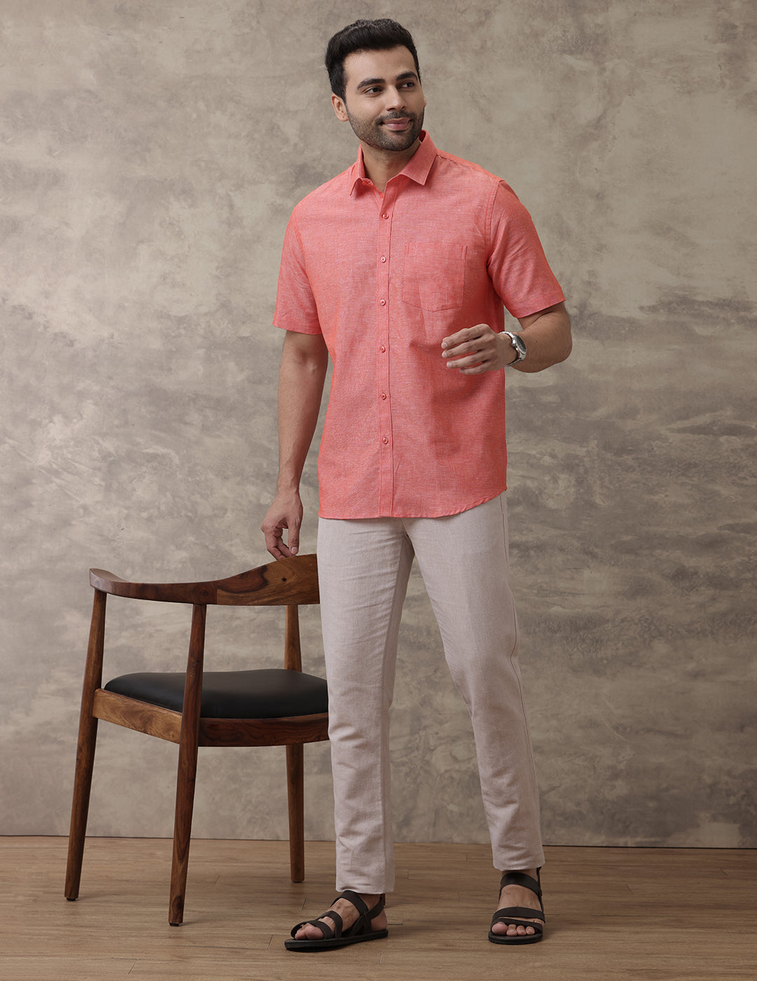 Linen Cotton Orangy Red Regular Fit Shirt LF5
