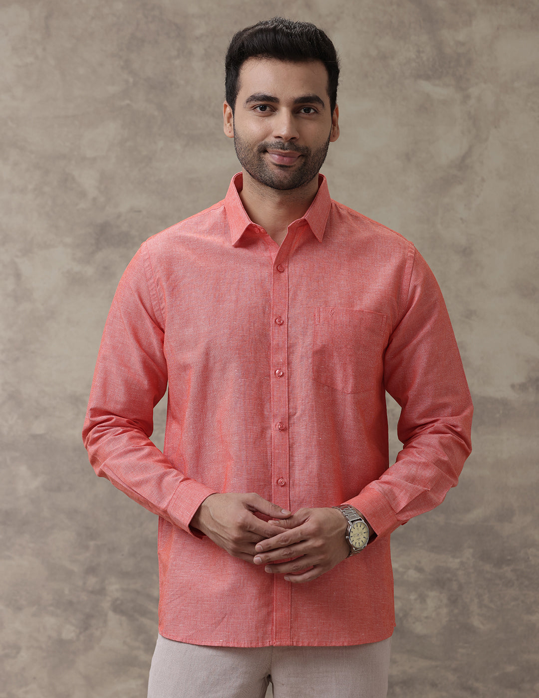 Men Linen Cotton Shirt Orange LF5