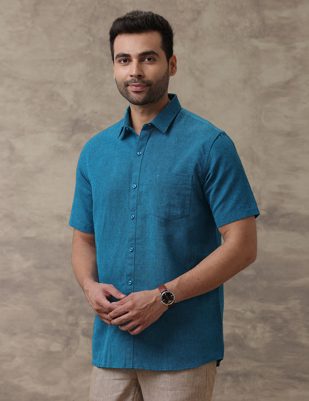 Men Linen Cotton Shirt Peacock Blue LF13