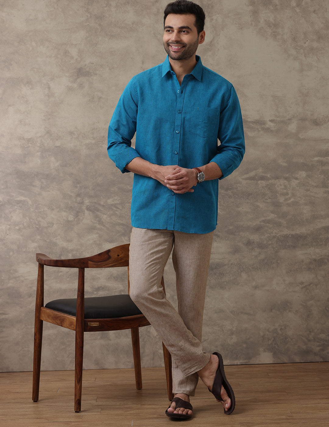 Men Linen Cotton Shirt Peacock Blue LF13