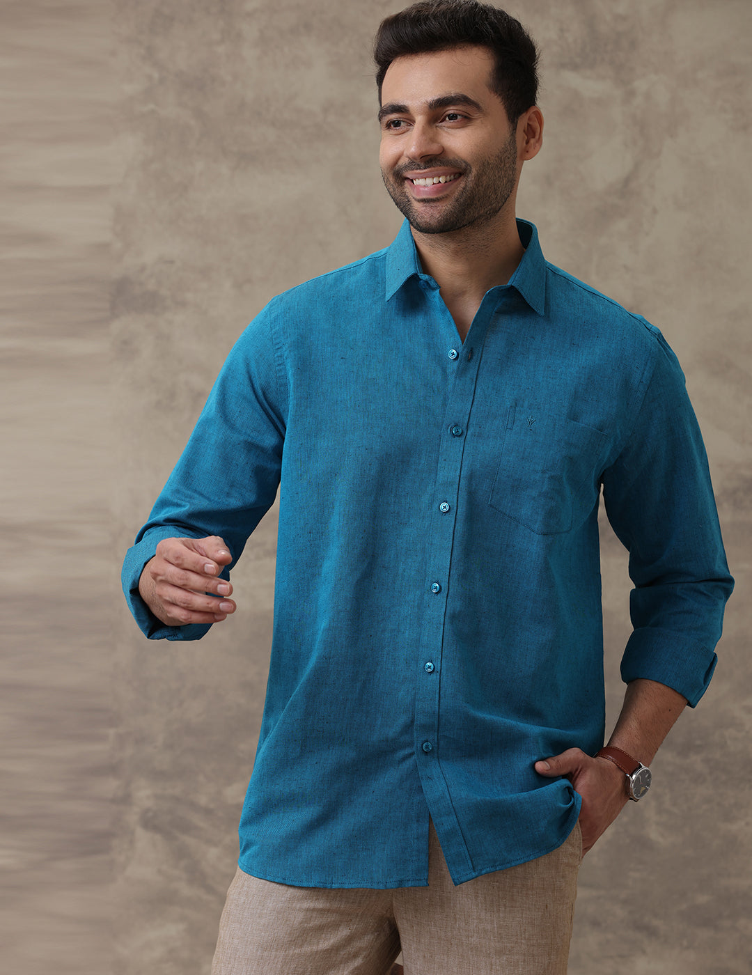 Men Linen Cotton Shirt Peacock Blue LF13