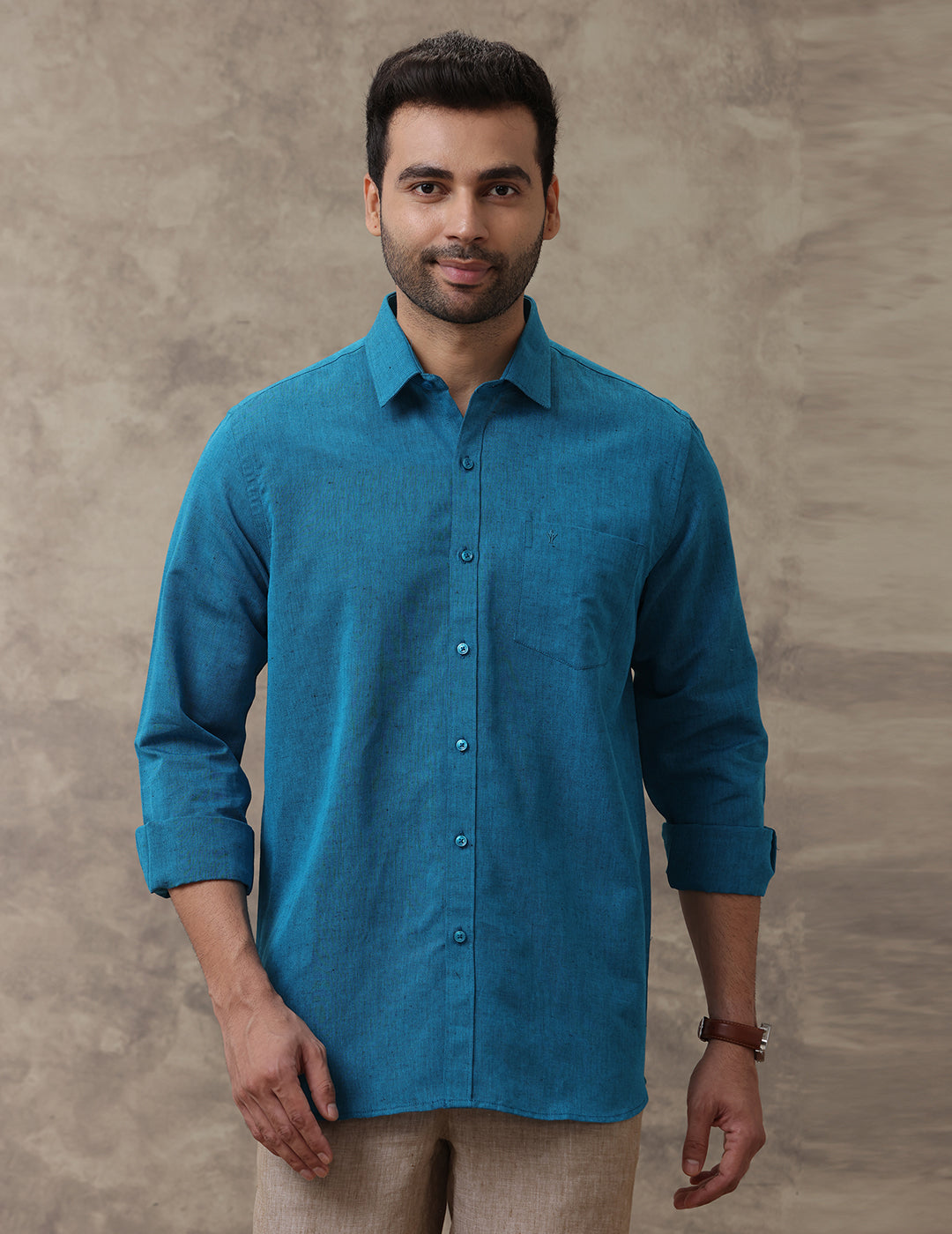 Men Linen Cotton Shirt Peacock Blue LF13