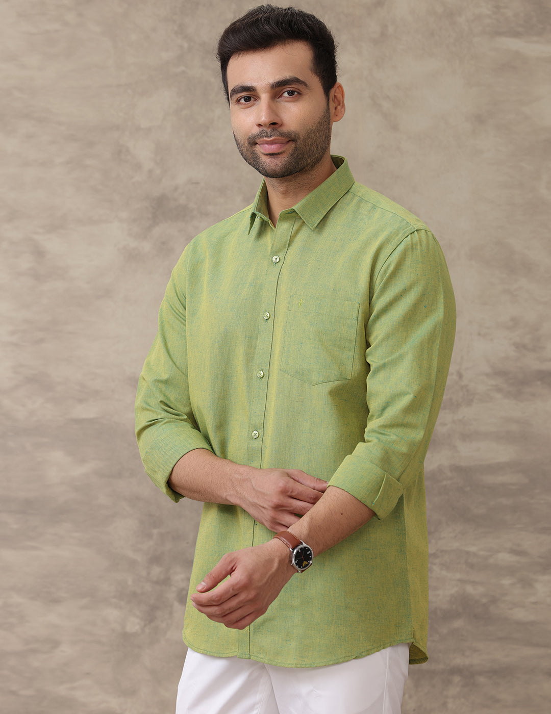 Mens Linen Cotton Formal Yellowish Green Shirt LF9