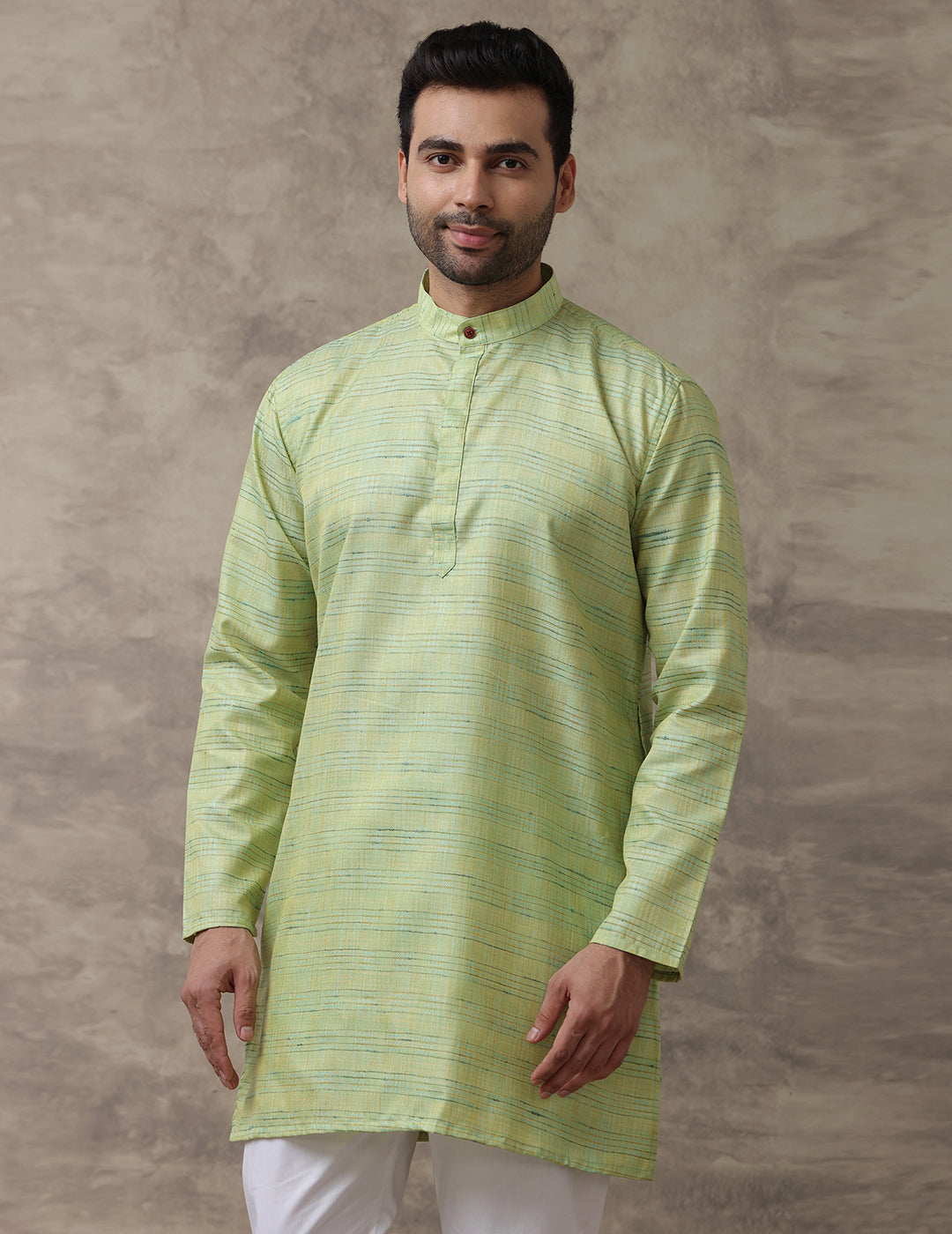 Men Medium Length Pocket Kurta Yellowish Green