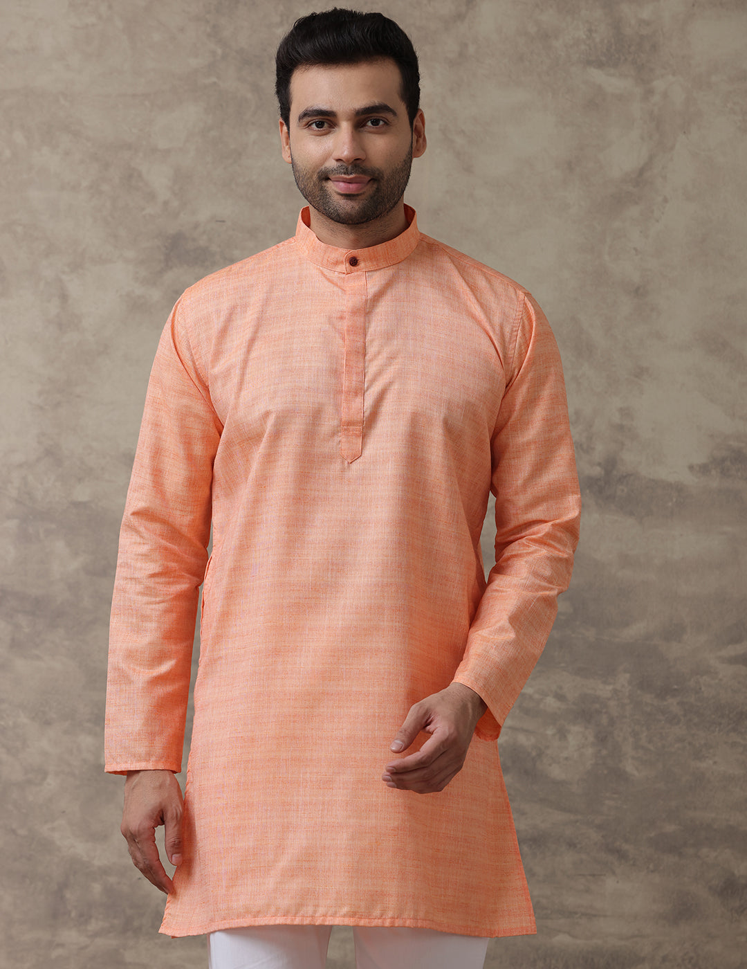 Men Medium Length Pocket Kurta Orange Red