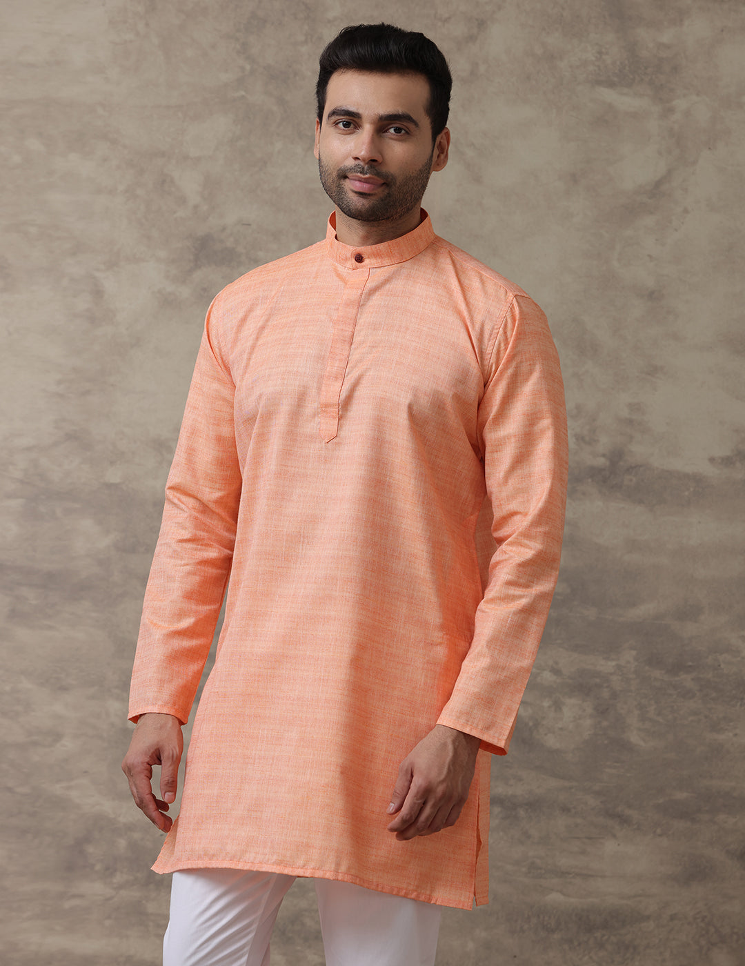 Men Medium Length Pocket Kurta Orange Red