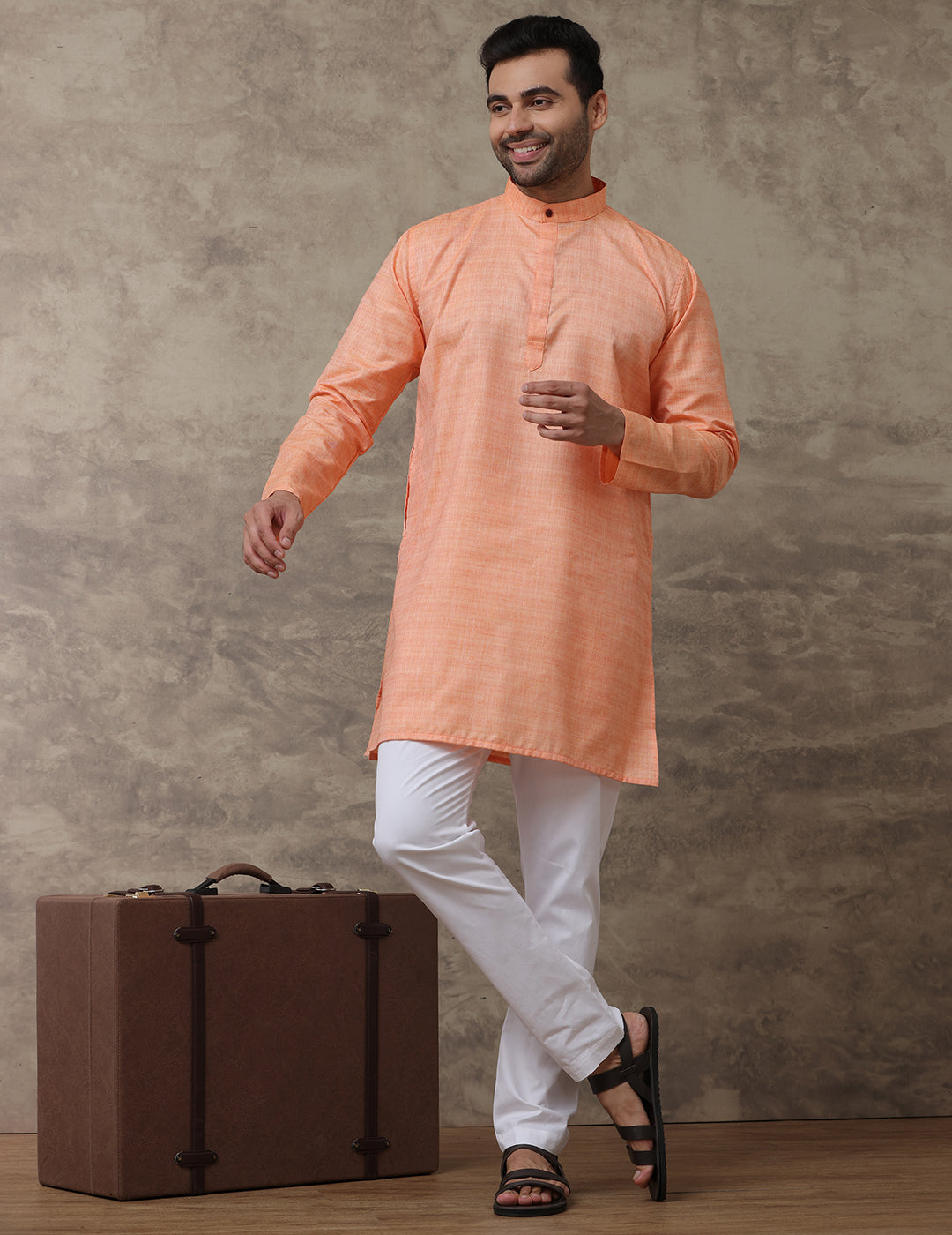 Men Medium Length Pocket Kurta Orange Red